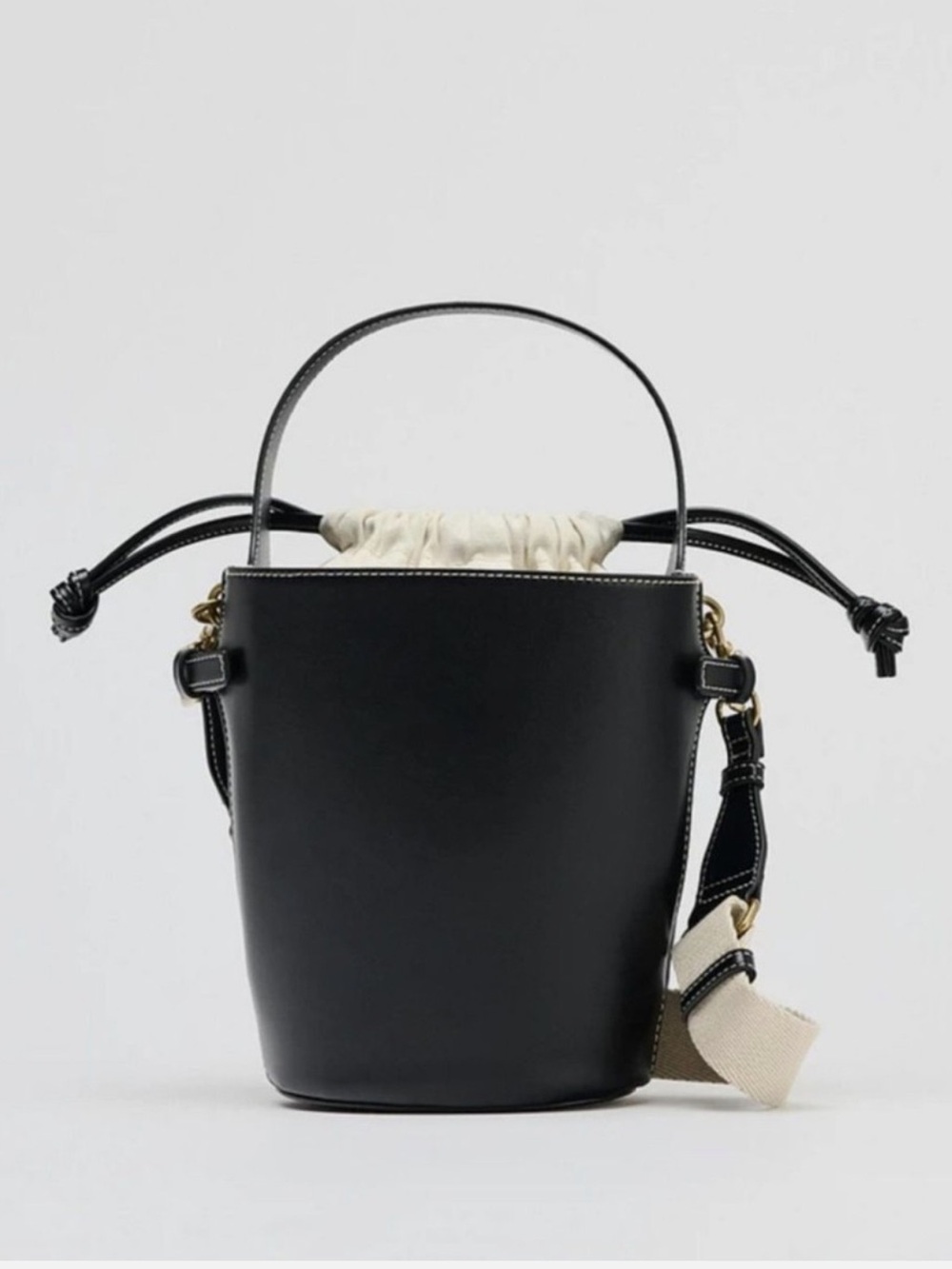 Zara Drawstring Black Leather Bucket Bag